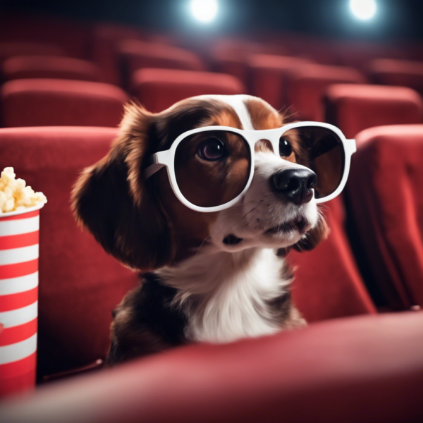 a dog wearing sunglasses sitting in a movie theater
