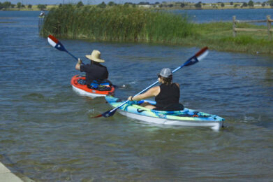 two people in kayaks paddling on the water
