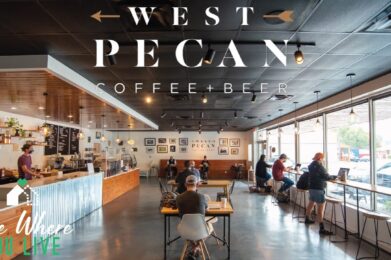 people sitting at tables in a restaurant with the words west pecan on it