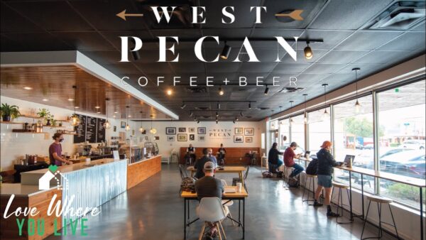people sitting at tables in a restaurant with the words west pecan on it