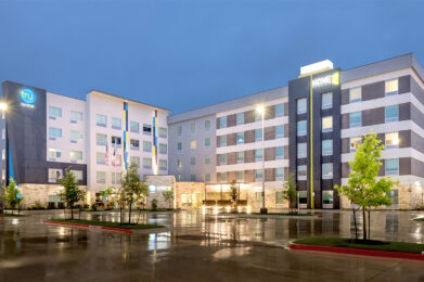 a large hotel building lit up at night